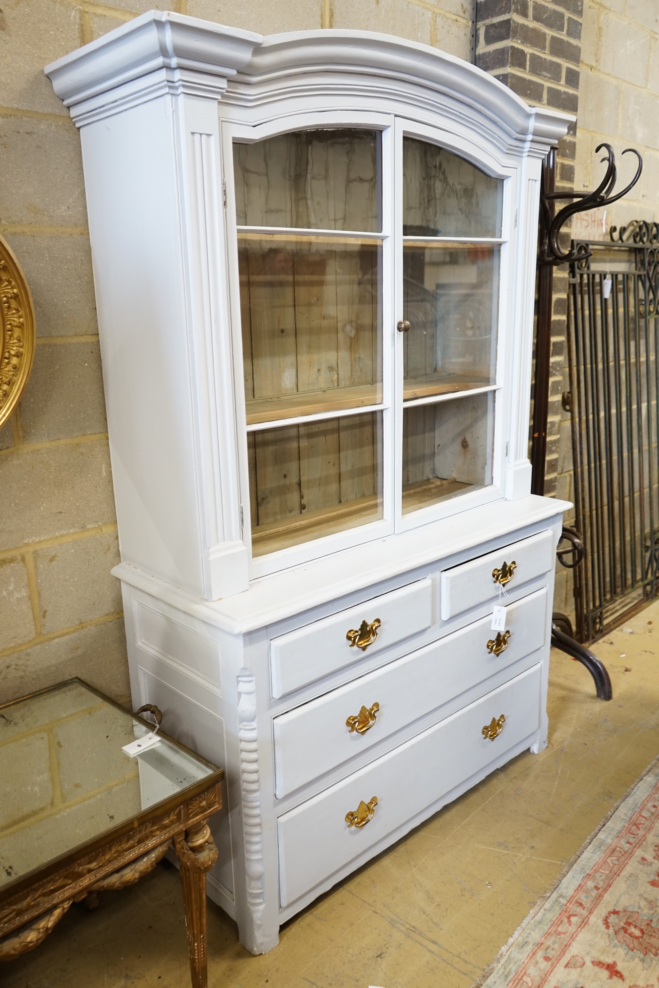 A Victorian painted pine glazed cabinet, width 127cm, depth 52cm, height 202cm